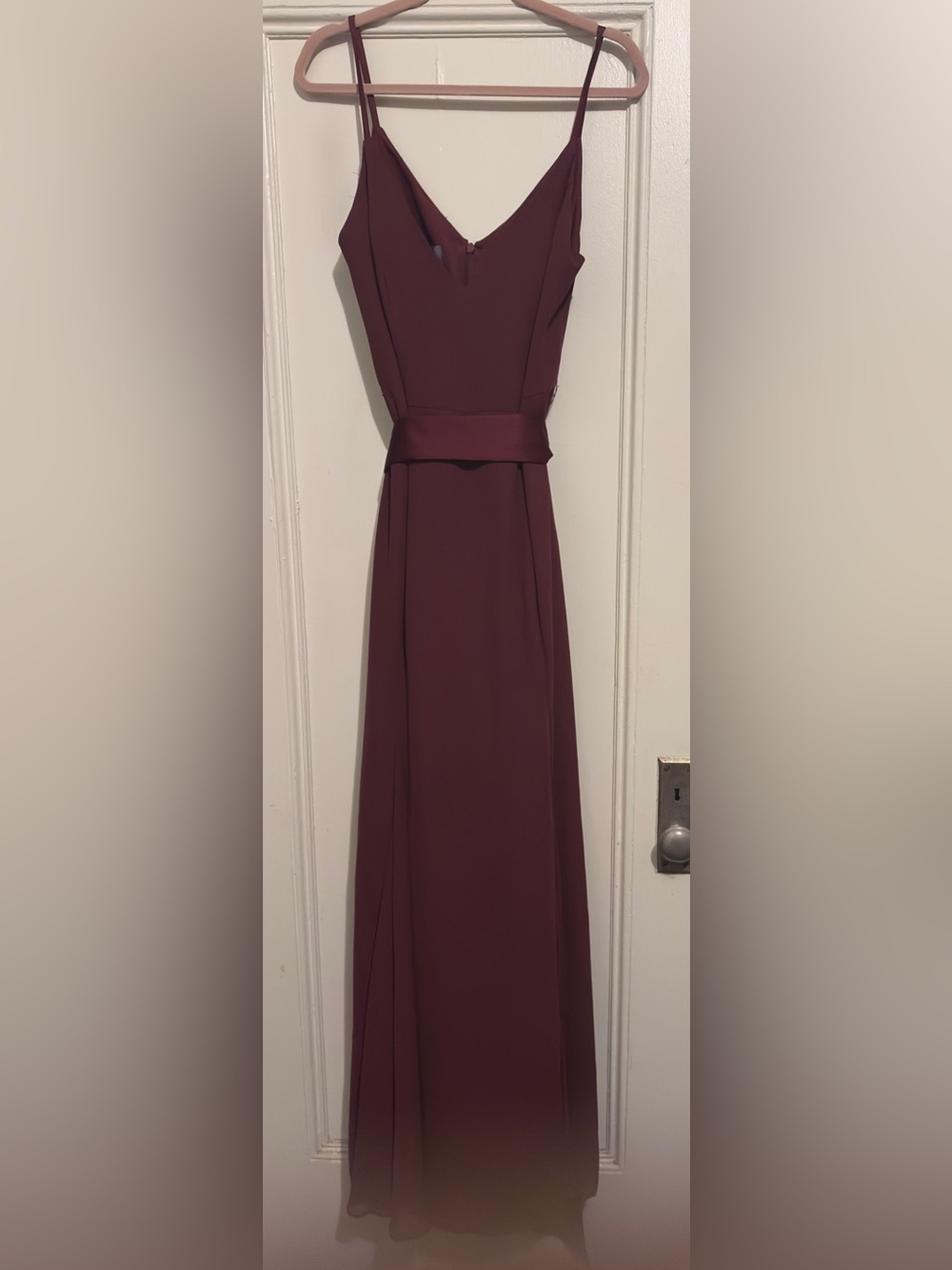 White Vera Wang Elegant Spaghetti Strap Burgundy Evening Dress.
